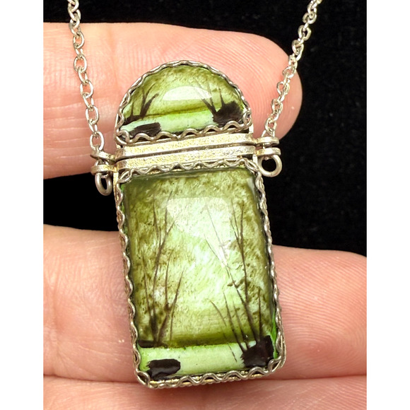 Vtg Russian Finift Enamel Perfume Box Pendant 24" Necklace Hand Painted Forest - Picture 2 of 5